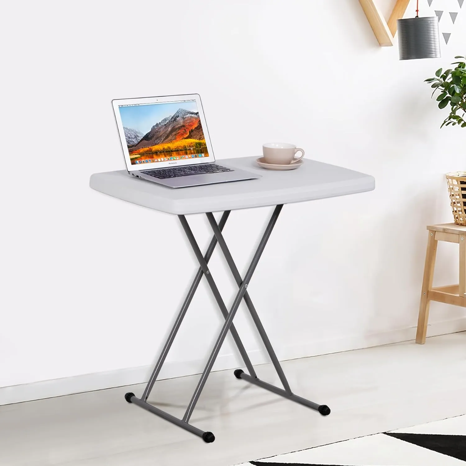 SUPER DEAL 2.5 Foot Plastic Folding Table, Indoor Outdoor Portable Heavy Duty Adjustable Height Kitchen or Camping Barbecues Picnic Party Table, White