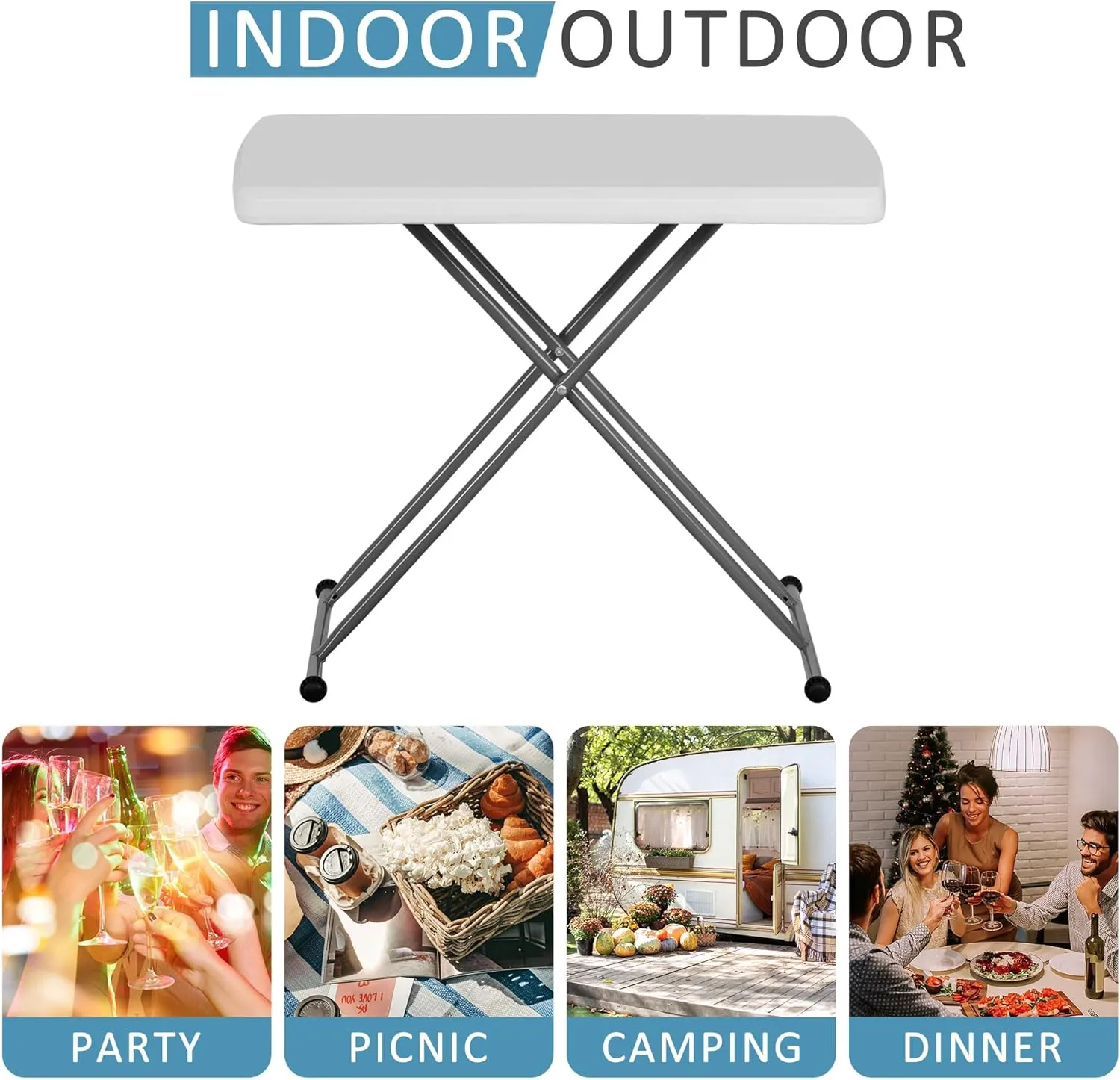 SUPER DEAL 2.5 Foot Plastic Folding Table, Indoor Outdoor Portable Heavy Duty Adjustable Height Kitchen or Camping Barbecues Picnic Party Table, White
