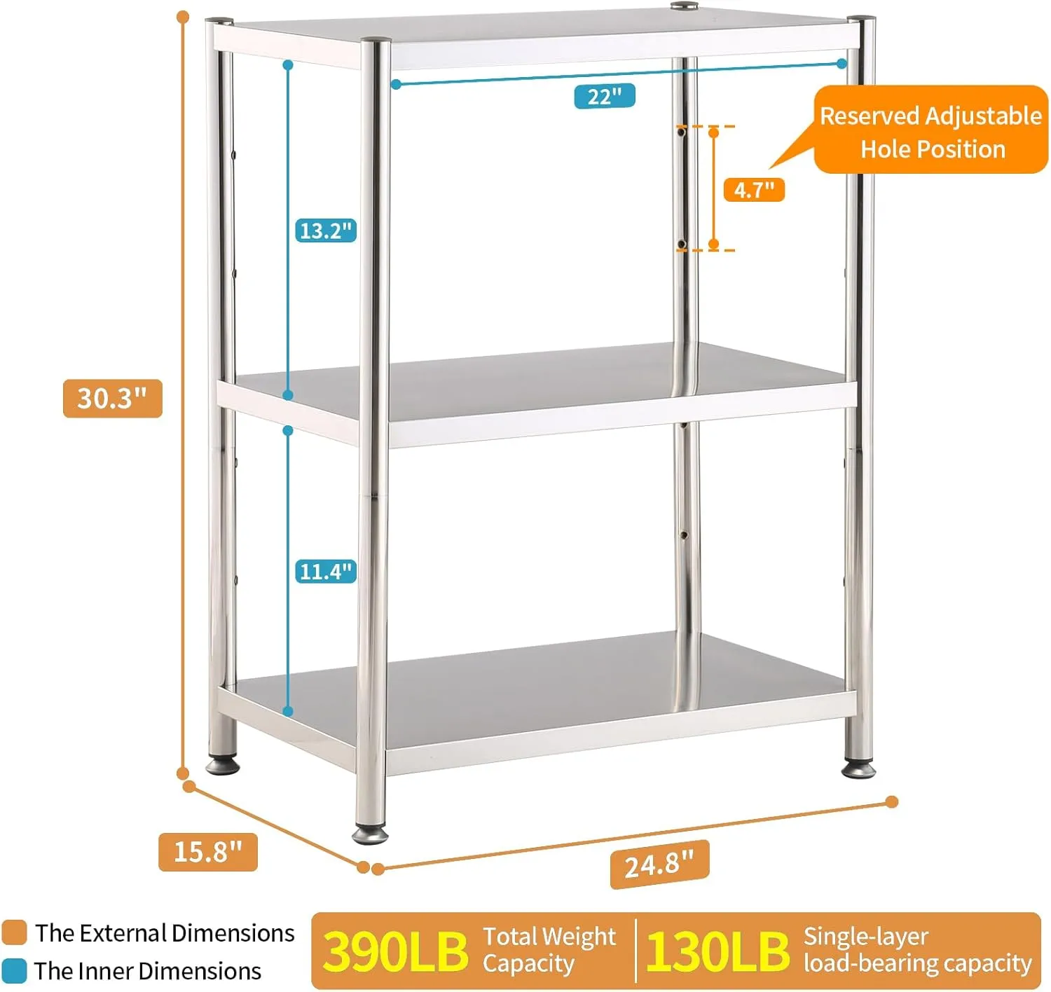 susunnus 3-Tier Stainless Steel Shelf, Heavy Duty Shelving for Kitchen, Garage, Industrial Storage, Kitchen Shelves Adjustable Feet, Easy to Clean(3T-24.8in*15.8in(Without guardrails))