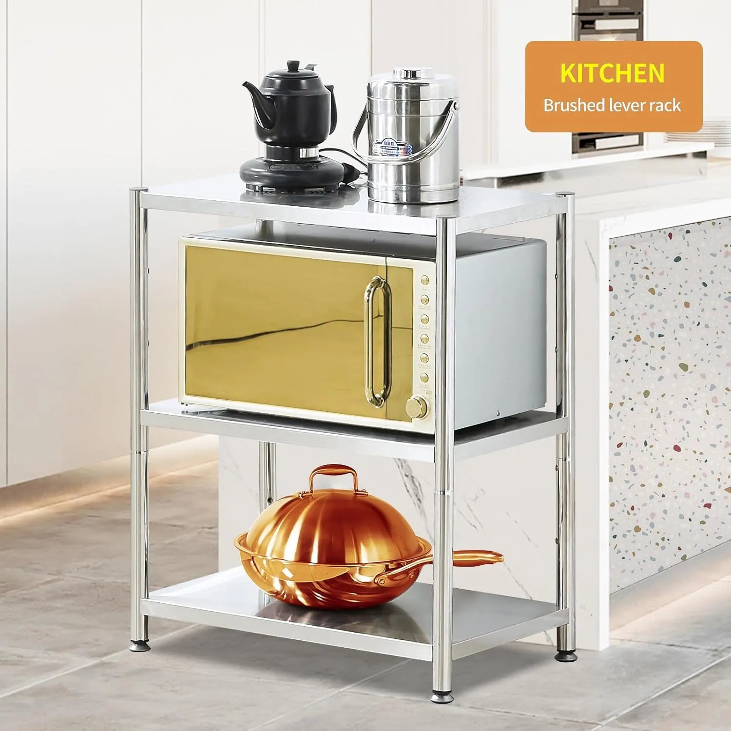 susunnus 3-Tier Stainless Steel Shelf, Heavy Duty Shelving for Kitchen, Garage, Industrial Storage, Kitchen Shelves Adjustable Feet, Easy to Clean(3T-24.8in*15.8in(Without guardrails))