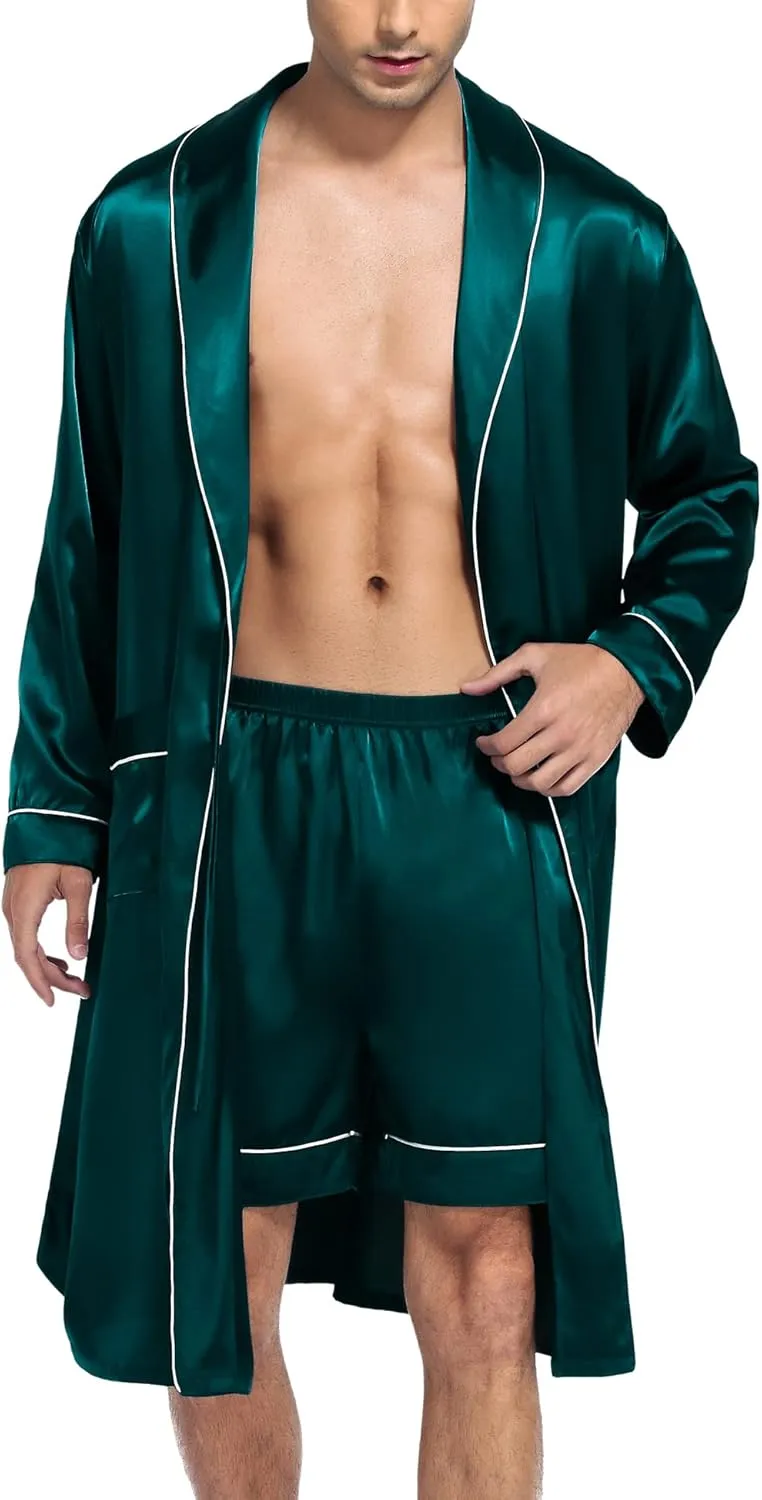 SWOMOG Men's Satin Robe Silky Kimono Bathrobe with Shorts Set Lightweight Soft Loungewear Nightwear