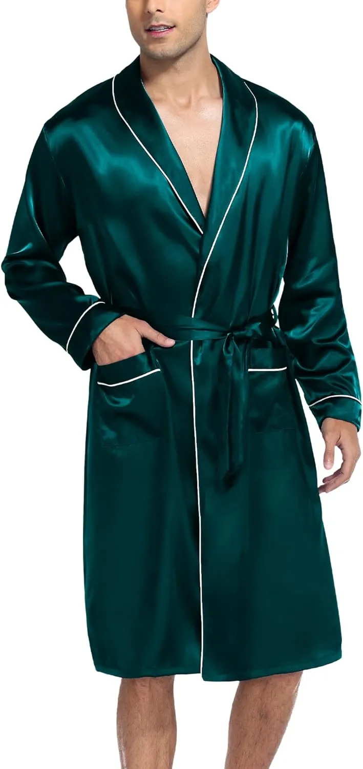 SWOMOG Men's Satin Robe Silky Kimono Bathrobe with Shorts Set Lightweight Soft Loungewear Nightwear
