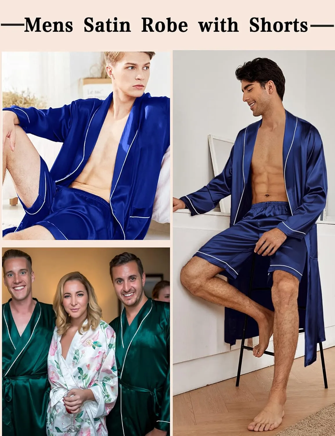 SWOMOG Men's Satin Robe Silky Kimono Bathrobe with Shorts Set Lightweight Soft Loungewear Nightwear