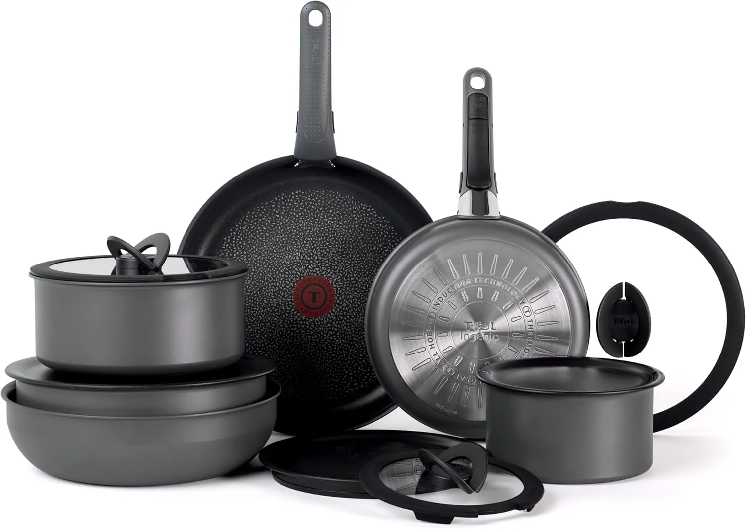 T-fal Ingenio Expertise Non Stick Cookware Set 14 Piece, Induction, Oven Broiler Safe 500F, Detachable/Removable Handle, Kitchen, Cookware, Pots and Pans, RV, Camping, Fry Pans, Dishwasher Safe, Gray