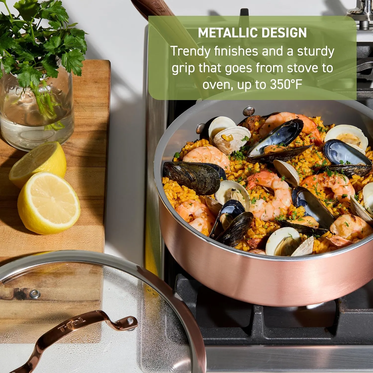 T-Fal Preserve Ceramic Nonstick Saute Pan with Lid 5.5 Qt, Made without PFOA and PTFE, Oven and Broiler Safe up to 350°F Cookware, Frying Pan, Stay-Cool Handle, Skillet Pots and Pans, Rose Gold