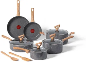 T-fal Revive Ceramic Cookware Sets, Pots and Pans Set Nonstick, (12 pieces), Ceramic Non stick Coated, Frying Pan, Oven Safe Up To 350°F, Made without PFOA and PTFE, Grey Granite