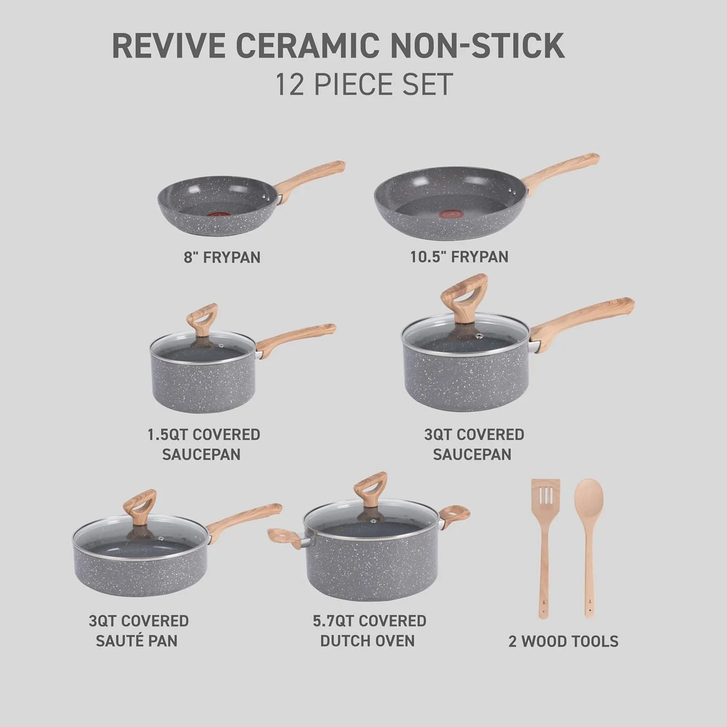 T-fal Revive Ceramic Cookware Sets, Pots and Pans Set Nonstick, (12 pieces), Ceramic Non stick Coated, Frying Pan, Oven Safe Up To 350°F, Made without PFOA and PTFE, Grey Granite