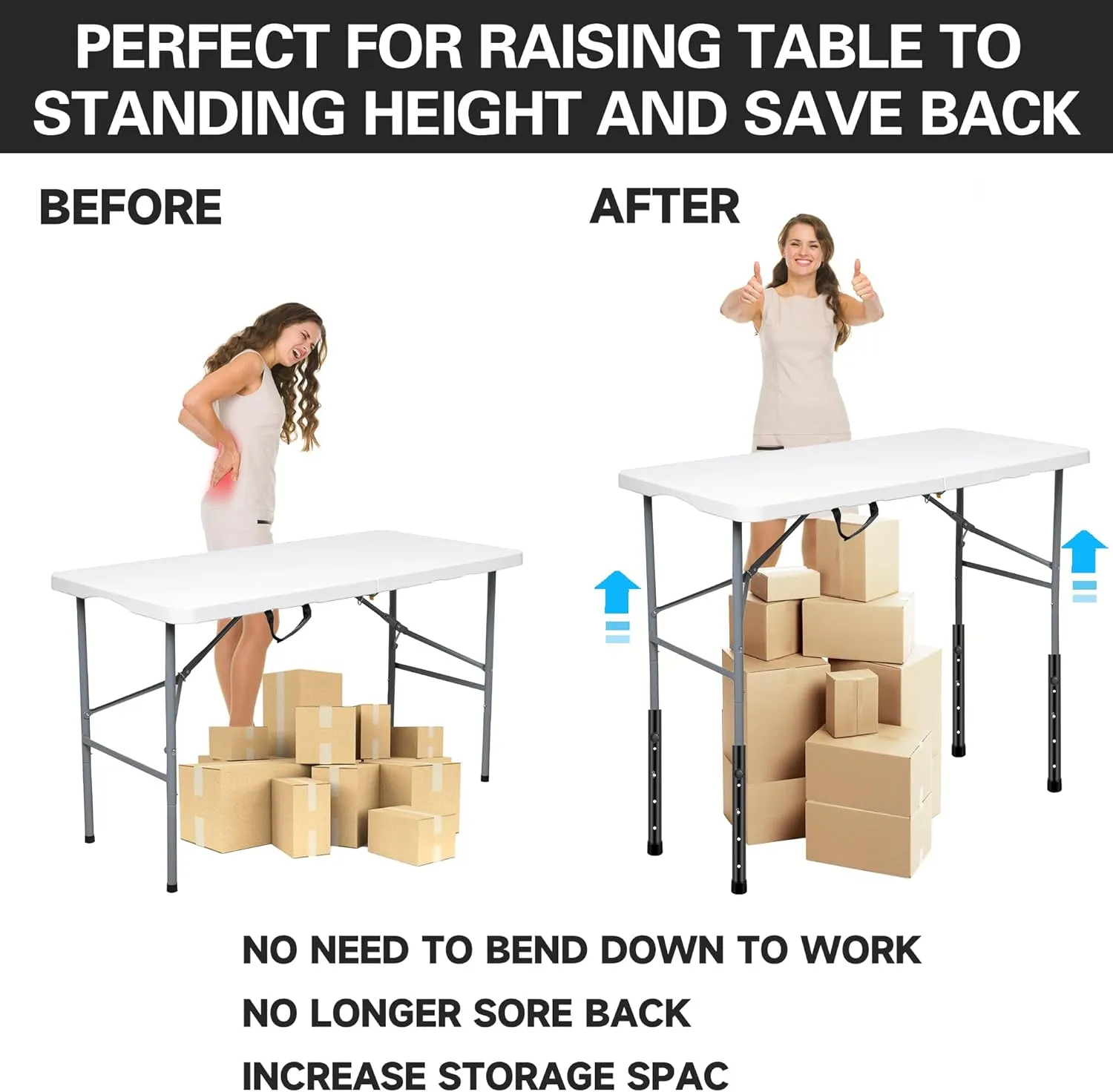 Table Leg Extenders for Folding Tables, Folding Table Leg Extensions for Straight and Bent Legs, Heavy Duty Steel 4 Levels Adjustable Folding Table Leg Risers, Raise Table Height