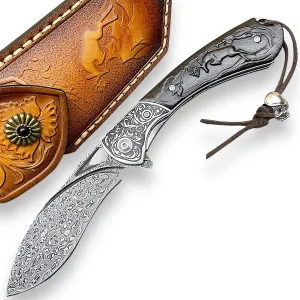 TACTICAL GEARZ Damascus Pocket Knife, Custom Carved Ebony Handle, Includes Custom Leather Sheath (Kanaka XT)