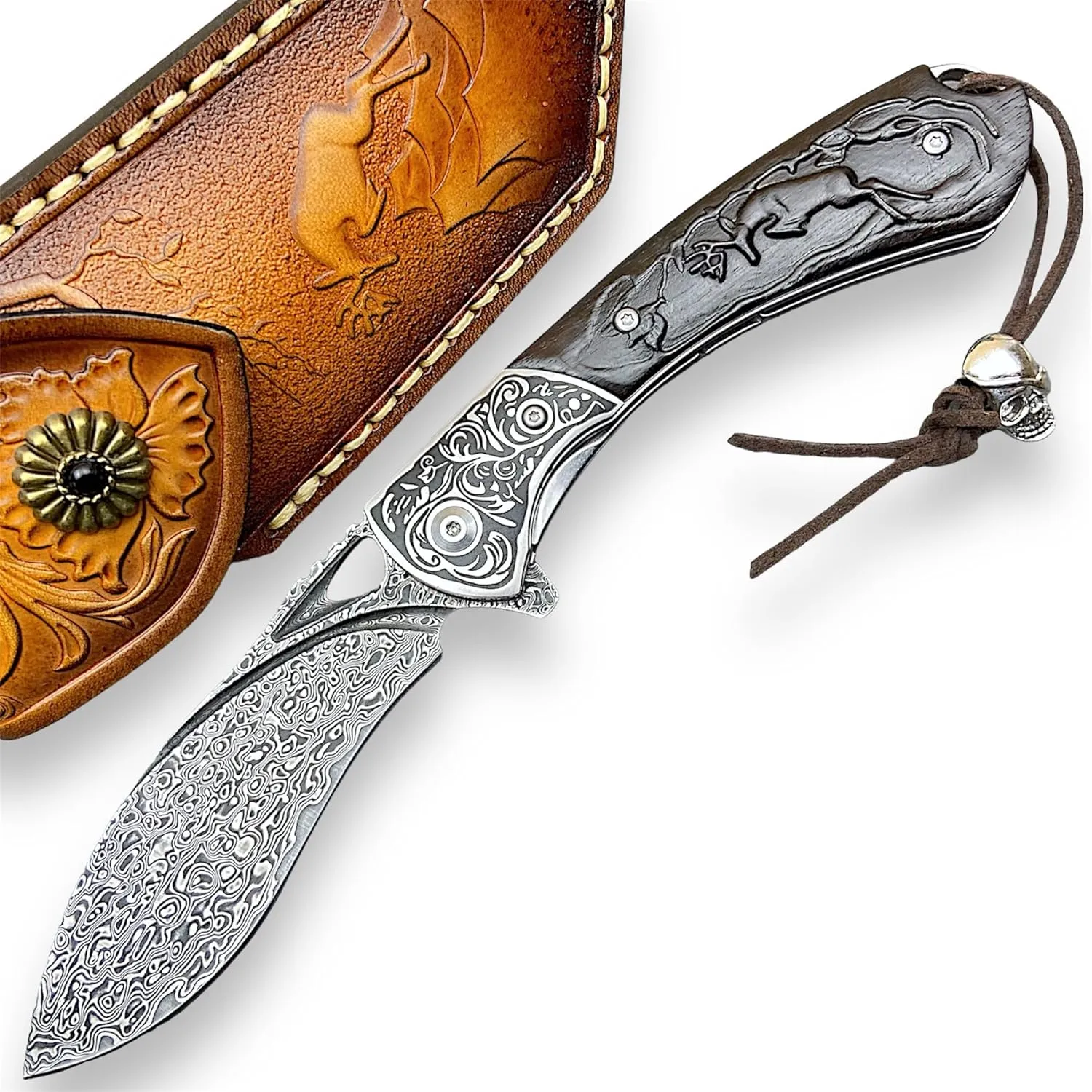 TACTICAL GEARZ Damascus Pocket Knife, Custom Carved Ebony Handle, Includes Custom Leather Sheath (Kanaka XT)