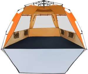 Tangkula 3-4 Person Easy Pop Up Beach Tent, UPF 50  Portable Sun Shelter w/ 3 Ventilation Windows, Zippered Front Porch, 4 Storage Pockets & Carrying Bag, Instant Beach Sun Shade with 8.5mm Rod