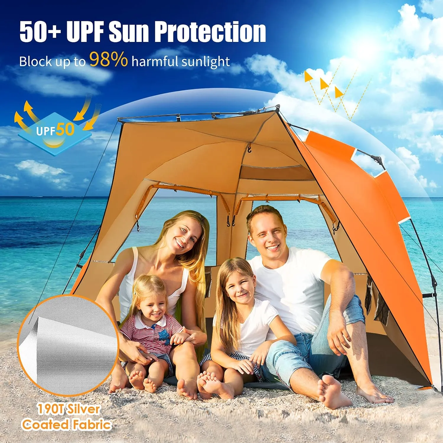 Tangkula 3-4 Person Easy Pop Up Beach Tent, UPF 50  Portable Sun Shelter w/ 3 Ventilation Windows, Zippered Front Porch, 4 Storage Pockets & Carrying Bag, Instant Beach Sun Shade with 8.5mm Rod