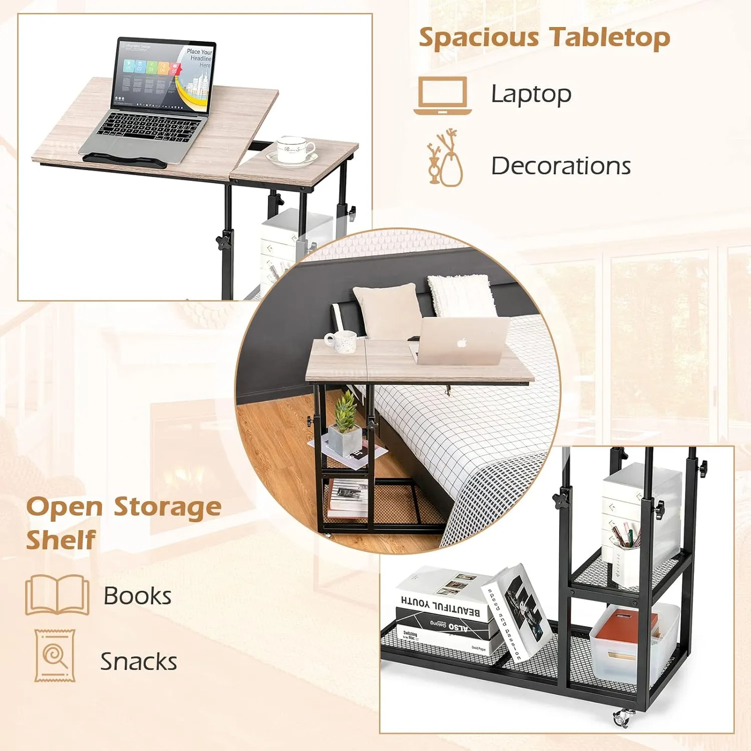Tangkula Height Adjustable C Shaped End Table with Lockable Wheels, Mobile Couch Desk Table with Tiltable Table Top, Sofa Bedside Laptop Stand TV Tray with Storage Shelves, Snack Side Table