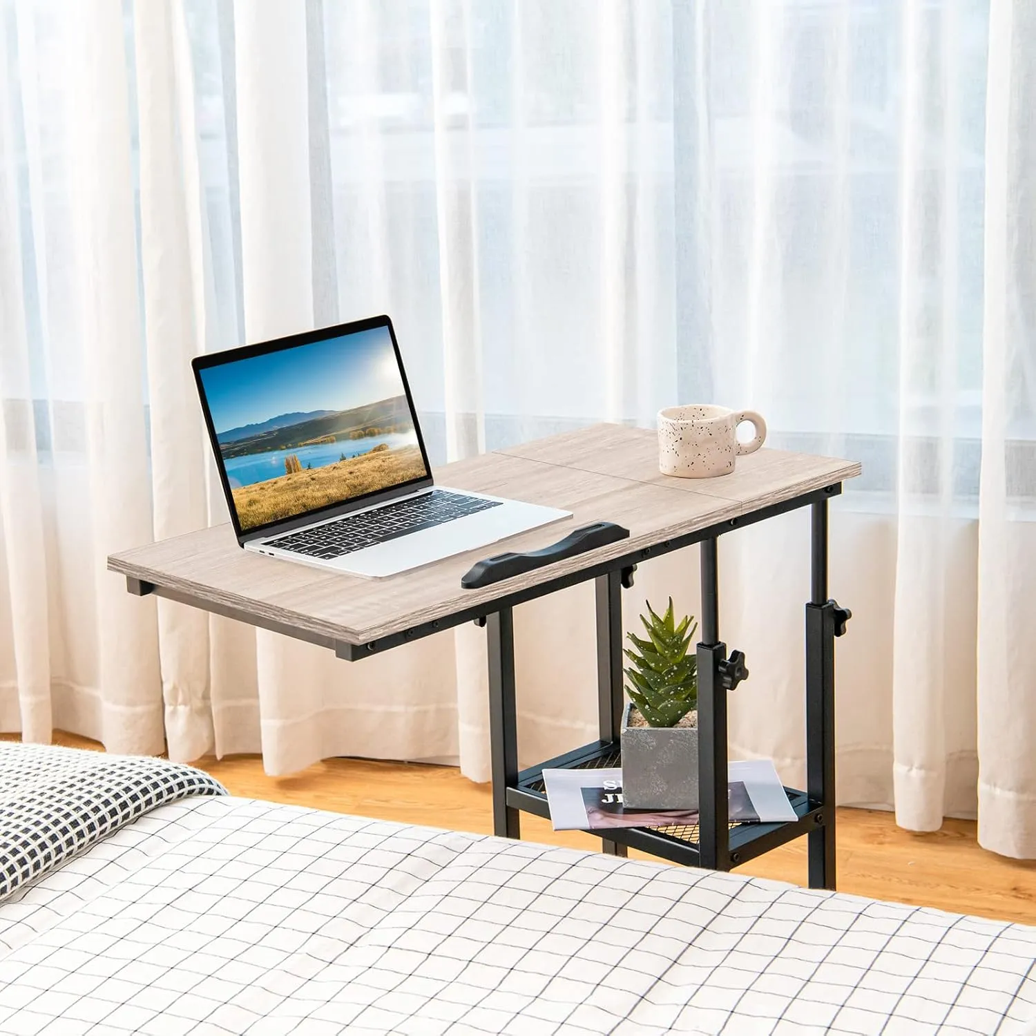 Tangkula Height Adjustable C Shaped End Table with Lockable Wheels, Mobile Couch Desk Table with Tiltable Table Top, Sofa Bedside Laptop Stand TV Tray with Storage Shelves, Snack Side Table