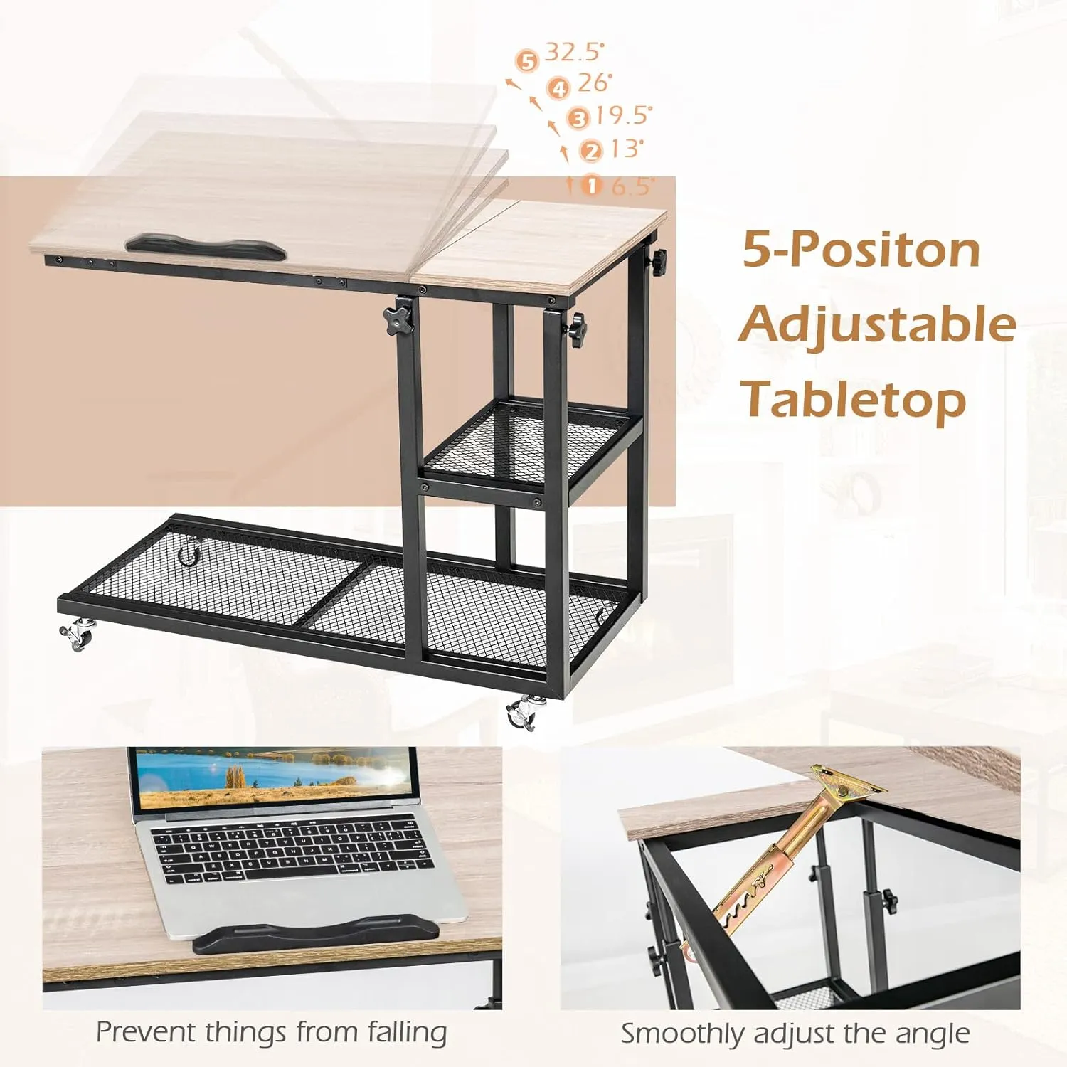 Tangkula Height Adjustable C Shaped End Table with Lockable Wheels, Mobile Couch Desk Table with Tiltable Table Top, Sofa Bedside Laptop Stand TV Tray with Storage Shelves, Snack Side Table