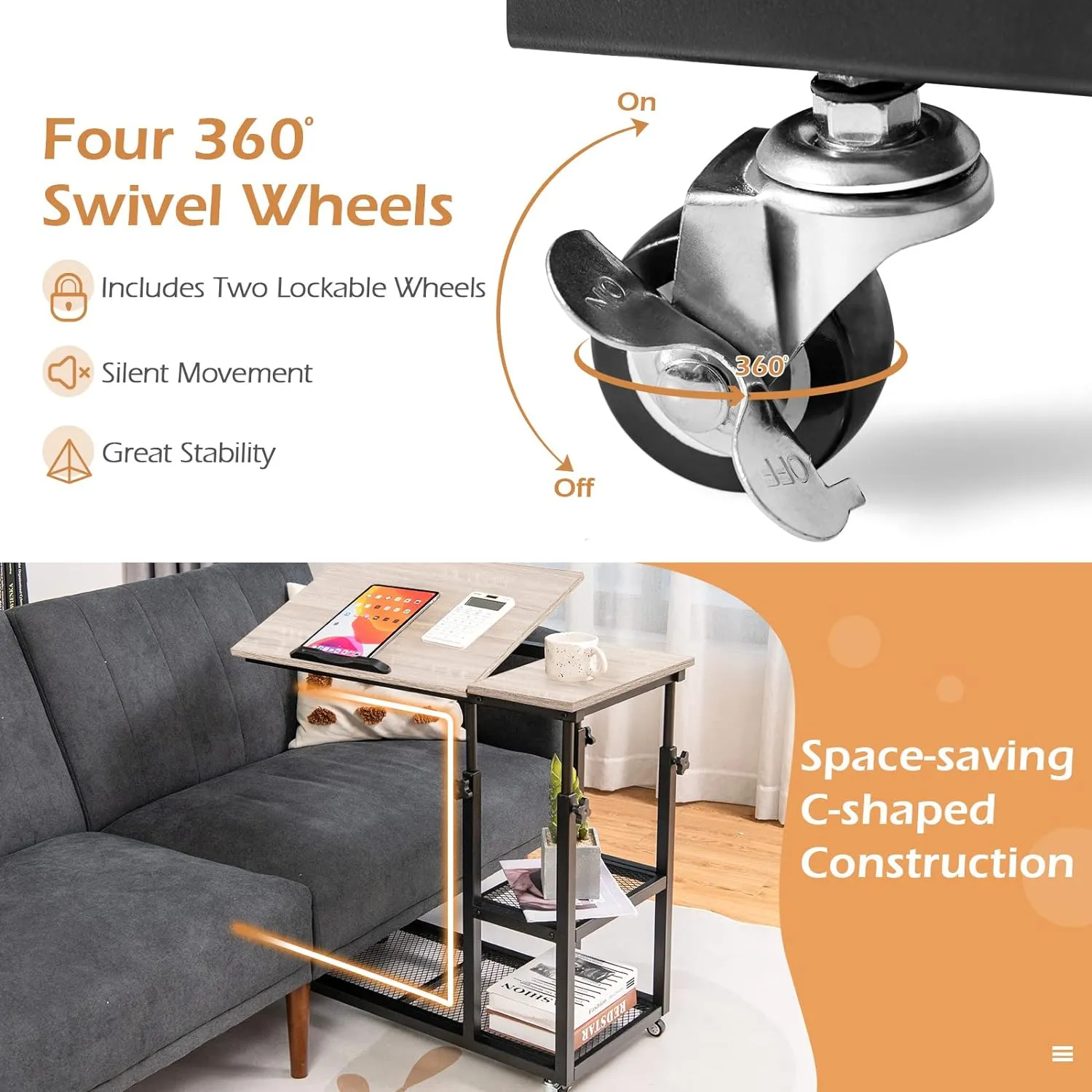 Tangkula Height Adjustable C Shaped End Table with Lockable Wheels, Mobile Couch Desk Table with Tiltable Table Top, Sofa Bedside Laptop Stand TV Tray with Storage Shelves, Snack Side Table