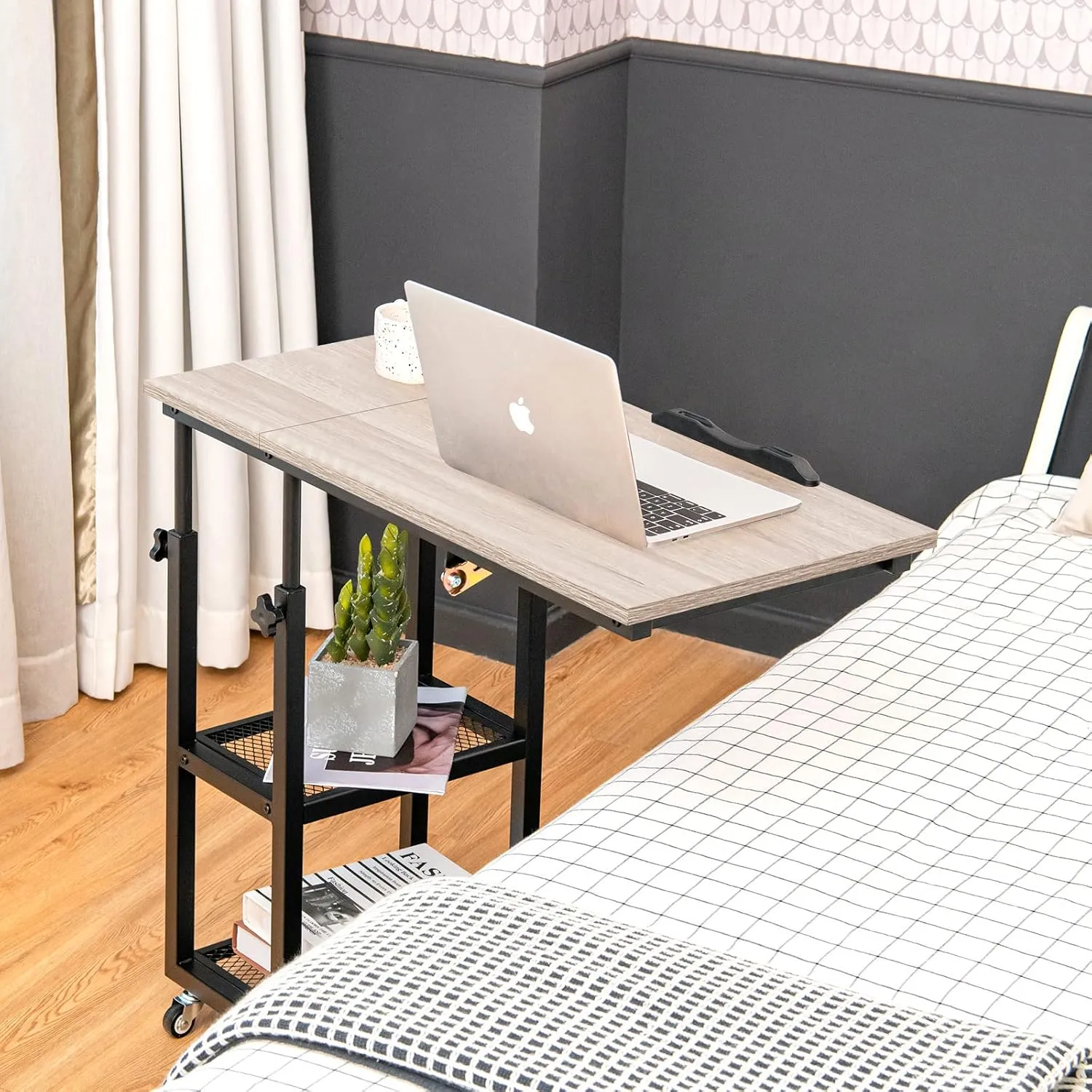 Tangkula Height Adjustable C Shaped End Table with Lockable Wheels, Mobile Couch Desk Table with Tiltable Table Top, Sofa Bedside Laptop Stand TV Tray with Storage Shelves, Snack Side Table