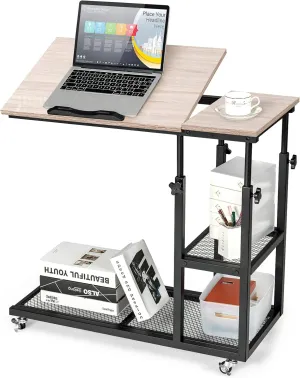 Tangkula Height Adjustable C Shaped End Table with Lockable Wheels, Mobile Couch Desk Table with Tiltable Table Top, Sofa Bedside Laptop Stand TV Tray with Storage Shelves, Snack Side Table