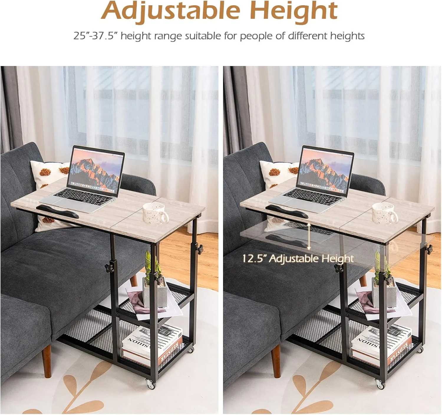 Tangkula Height Adjustable C Shaped End Table with Lockable Wheels, Mobile Couch Desk Table with Tiltable Table Top, Sofa Bedside Laptop Stand TV Tray with Storage Shelves, Snack Side Table