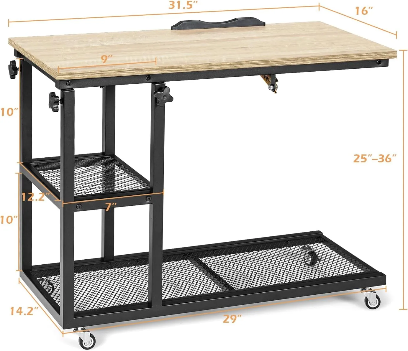 Tangkula Height Adjustable C Shaped End Table with Lockable Wheels, Mobile Couch Desk Table with Tiltable Table Top, Sofa Bedside Laptop Stand TV Tray with Storage Shelves, Snack Side Table