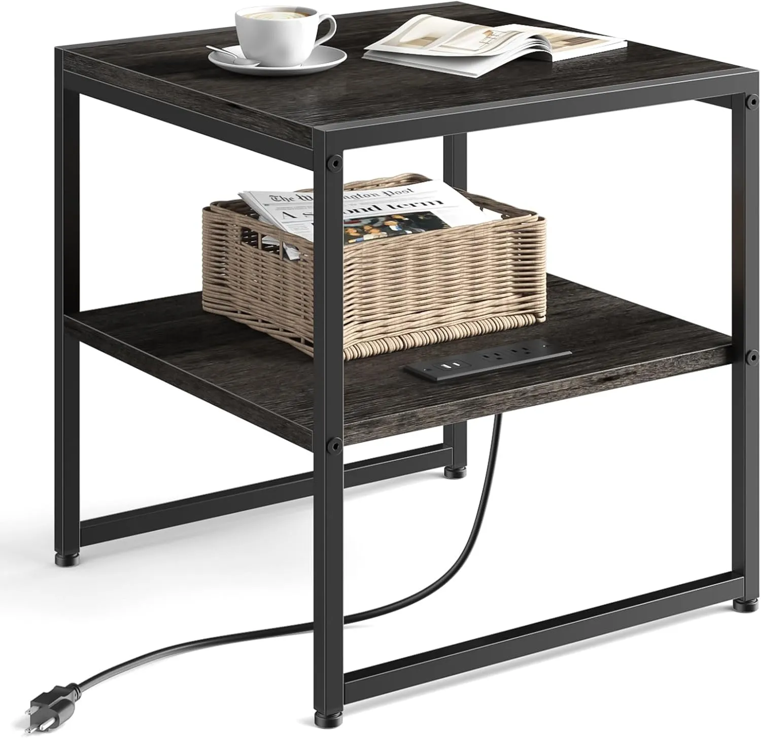 Tatub 20" End Table with Charging Station, Industrial Square Side Table with USB Ports & Outlets, Versatile 2-Tier Small Nightstand for Bedroom Living Room, Grey