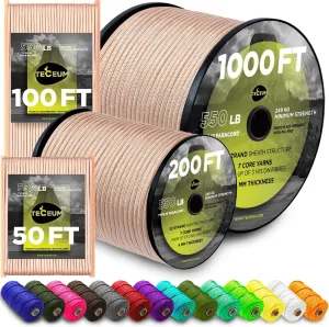 TECEUM Paracord Type III 550 Beige – 200 ft – 4mm – Tactical Rope MIL-SPEC – Outdoor para Cord –Camping Hiking Fishing Gear and Equipment – EDC Parachute Cord – Strong Survival Rope