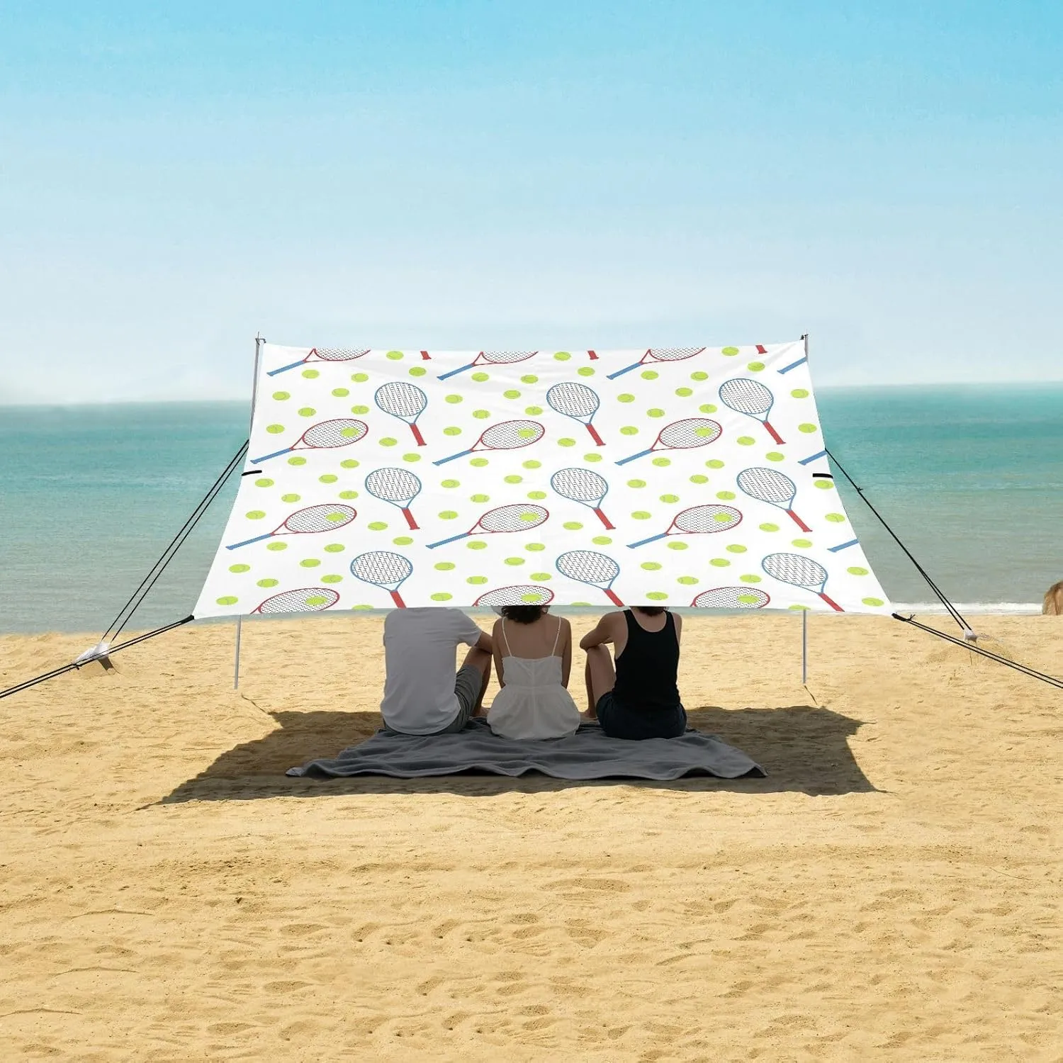 Tennis Seamless Pattern Beach Camping Tent Sun Shelter for Whole Family, Beach Shade Canopy with UPF50  UV Protection,Easy Set Up and Carry,Outdoor Shade for Trips, Fishing, Backyard Fun Picnic