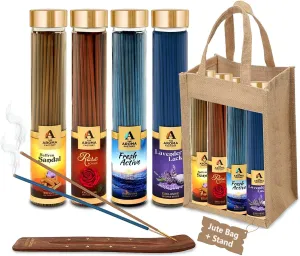 The Aroma Factory Organic Incense Sticks Aromatic Fragrances | Kesar Chandan, Rose, Fresh Active & Lavender | No Charcoal, Scented Incense | Herbal Pooja Agarbatti | 4x100g Jute Bag Gift Set