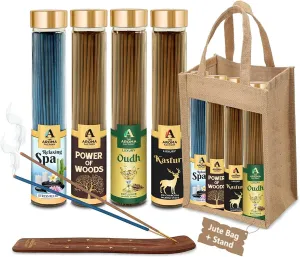 The Aroma Factory Organic Incense Sticks Aromatic Fragrances | Relaxing Spa, Oudh, Kasturi Musk & Power of Woods | No Charcoal, Scented Incense | Herbal Pooja Agarbatti | 4x100g Jute Bag Giftset