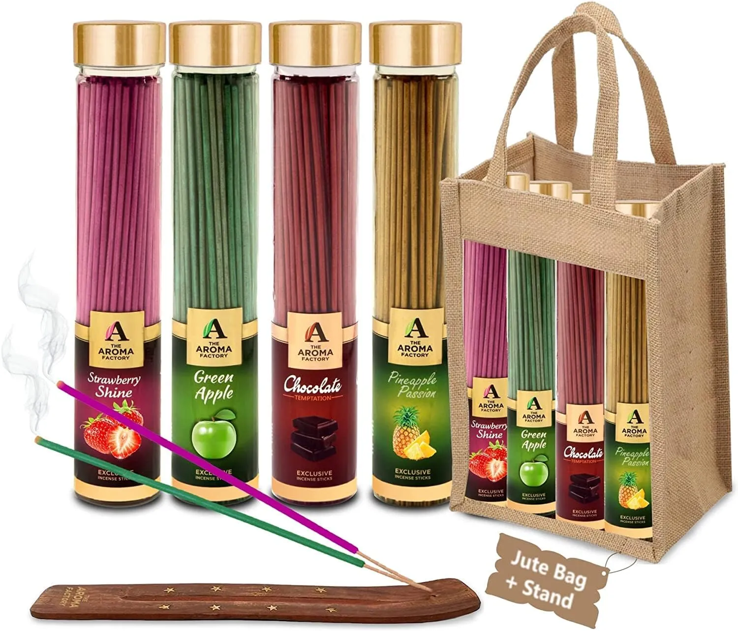 The Aroma Factory Organic Incense Sticks Aromatic Fragrances | Strawberry, Green Apple, Chocolate & Pineapple | No Charcoal, Scented Incense | Herbal Pooja Agarbatti | 4x100g Jute Bag Giftset