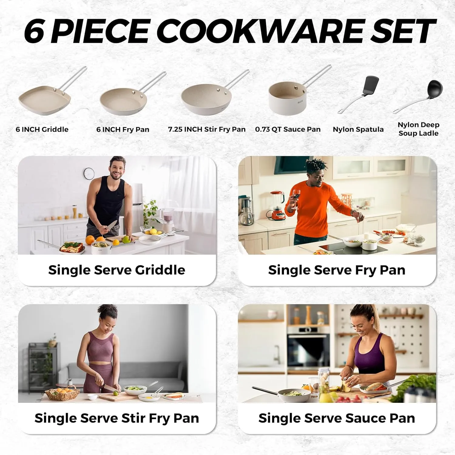 THE ROCK Single Serve Nonstick Pots and Pans Set, 6pc Portion Control Cookware Set with Rock.Tec, Stackable Set with Stainless Steel Handle, Scratch/Stain/Crack Proof, Oven & Dishwasher Safe, White