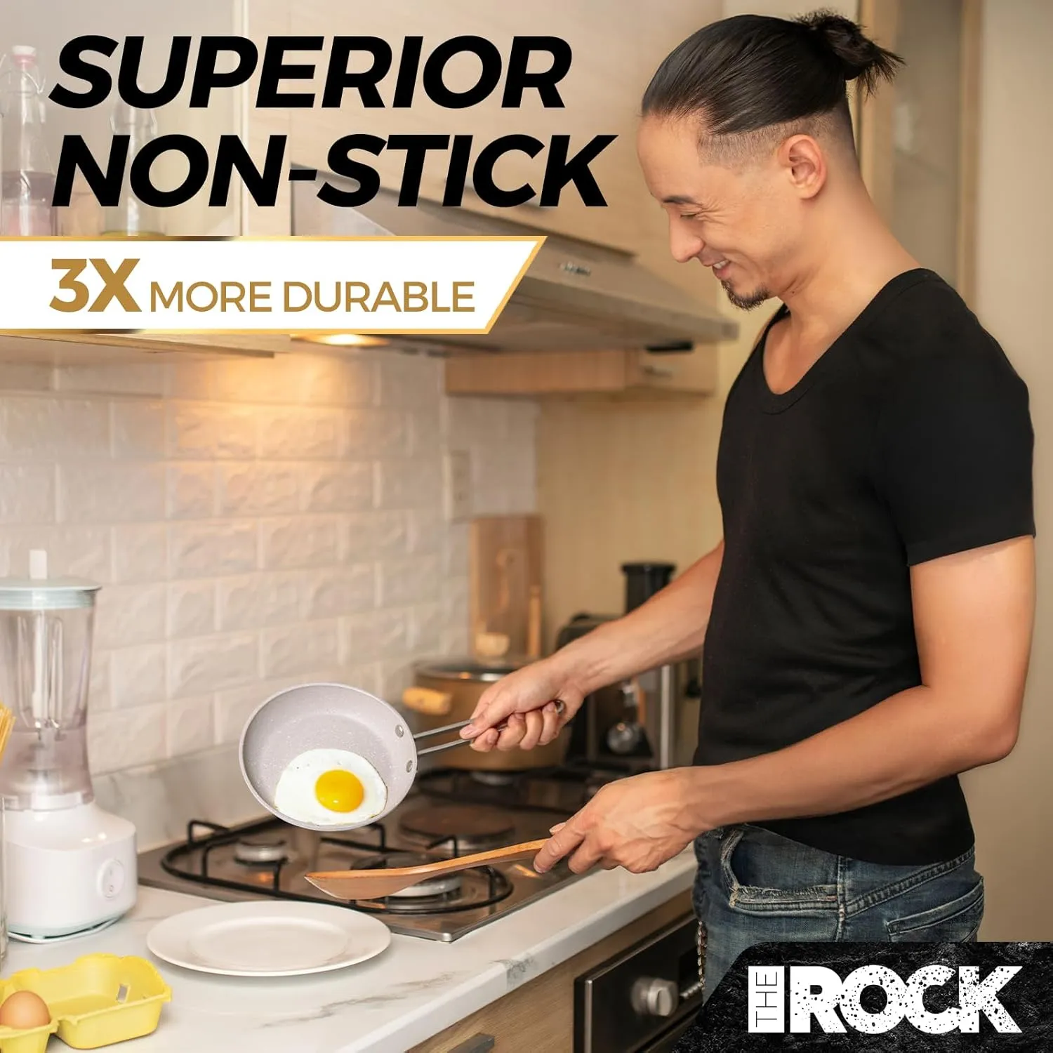 THE ROCK Single Serve Nonstick Pots and Pans Set, 6pc Portion Control Cookware Set with Rock.Tec, Stackable Set with Stainless Steel Handle, Scratch/Stain/Crack Proof, Oven & Dishwasher Safe, White