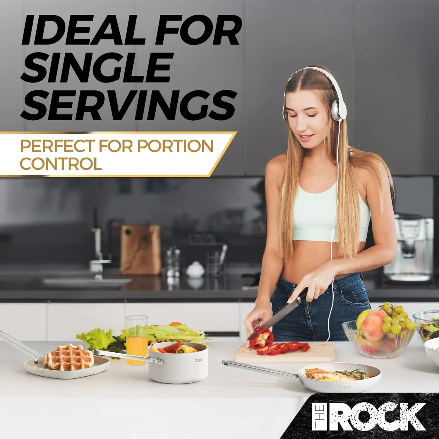 THE ROCK Single Serve Nonstick Pots and Pans Set, 6pc Portion Control Cookware Set with Rock.Tec, Stackable Set with Stainless Steel Handle, Scratch/Stain/Crack Proof, Oven & Dishwasher Safe, White