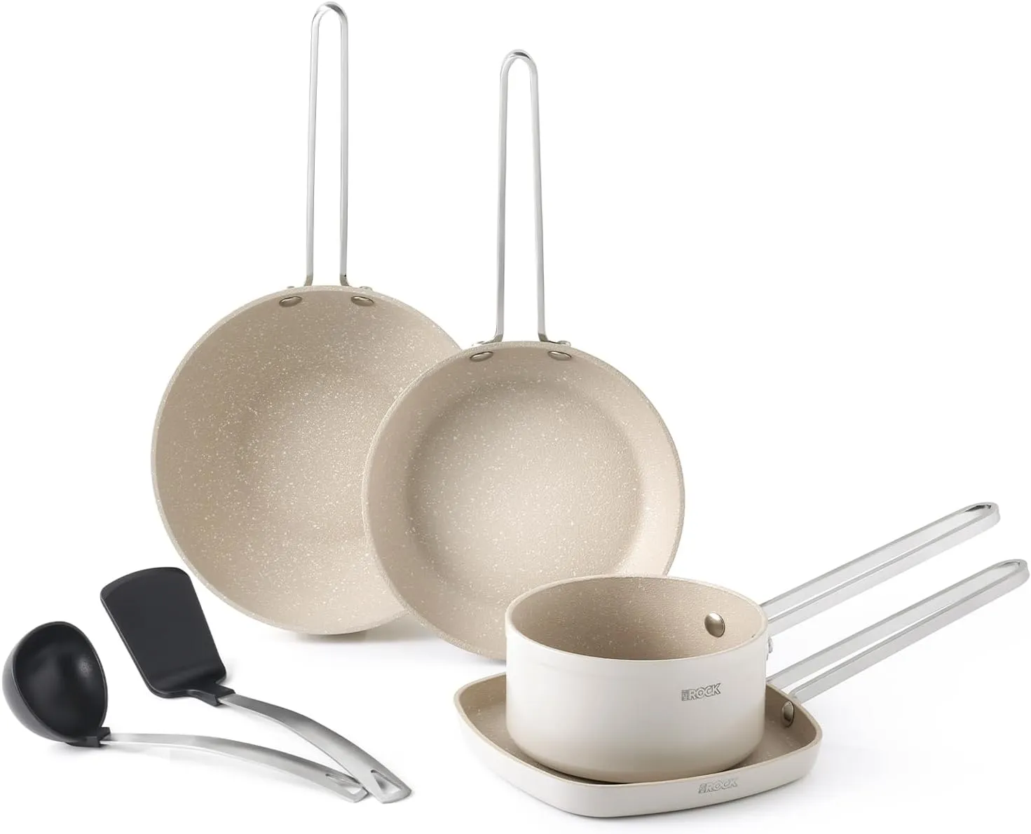 THE ROCK Single Serve Nonstick Pots and Pans Set, 6pc Portion Control Cookware Set with Rock.Tec, Stackable Set with Stainless Steel Handle, Scratch/Stain/Crack Proof, Oven & Dishwasher Safe, White