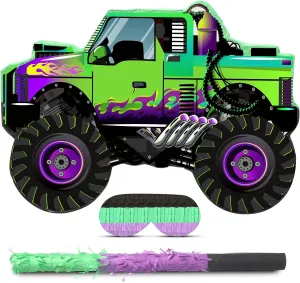 Threan Monster Truck Party Decorations Green and Purple Monster Truck Piñata Racing Car Piñata Game with Stick Blindfold for Adults Cool Birthday Party Decor Supplies