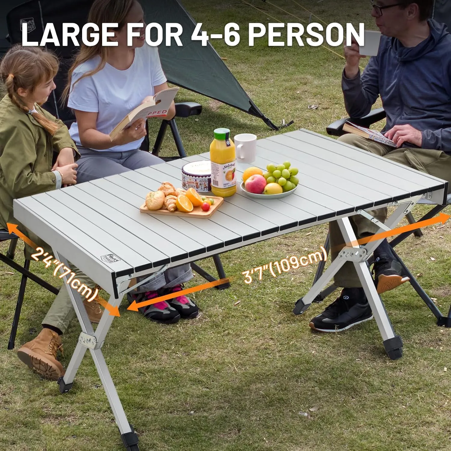 TIMBER RIDGE Folding Camping Table Adjustable Height, 4-6 Person Lightweight Aluminum Roll-up Table for Camping Outdoor Picnic BBQ Backyard Party Support 110 lbs, Silvery