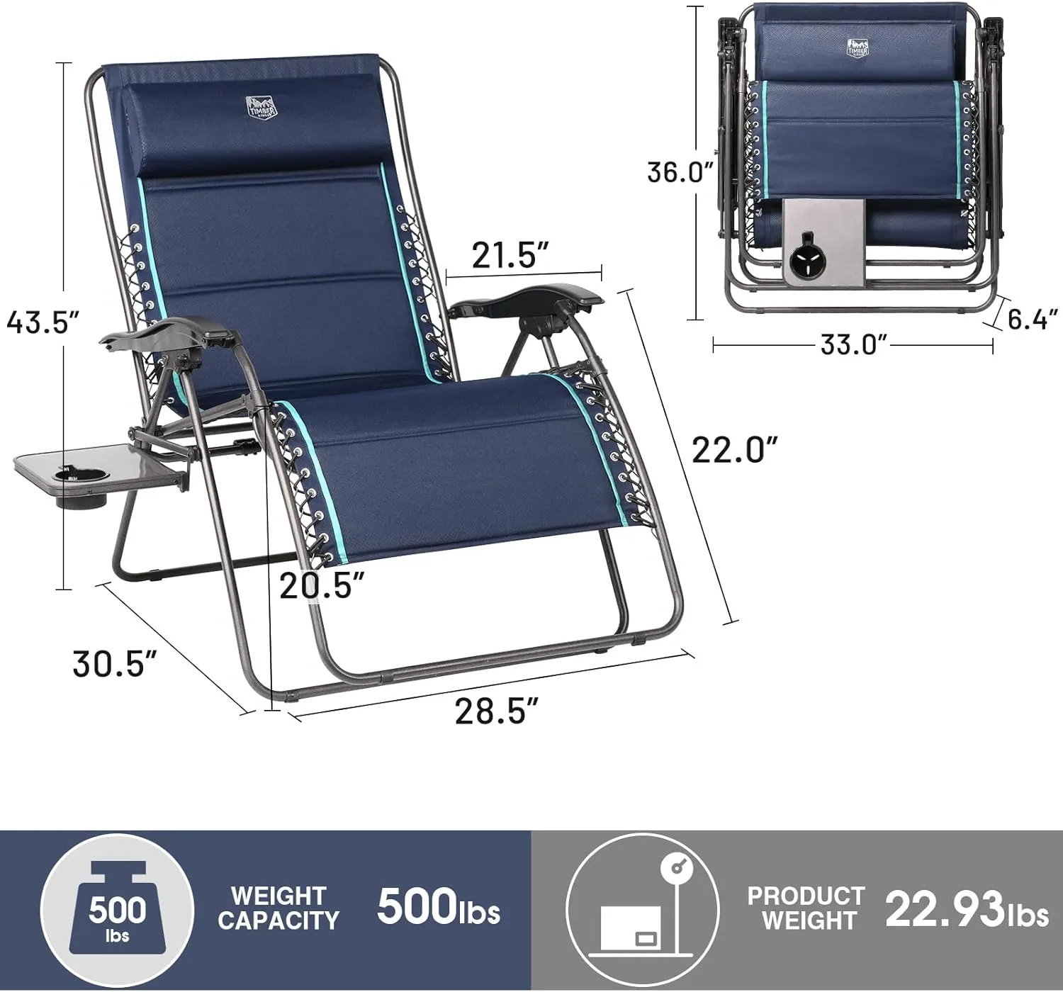 TIMBER RIDGE Oversized Zero Gravity Chair, 33In Wide XXL Zero Gravity Reclining Chair with Side Table, Full Padded Lounge Chair for Outdoor Camping Patio Lawn, Heavy Duty Supports 500lbs, Blue-2 Pack