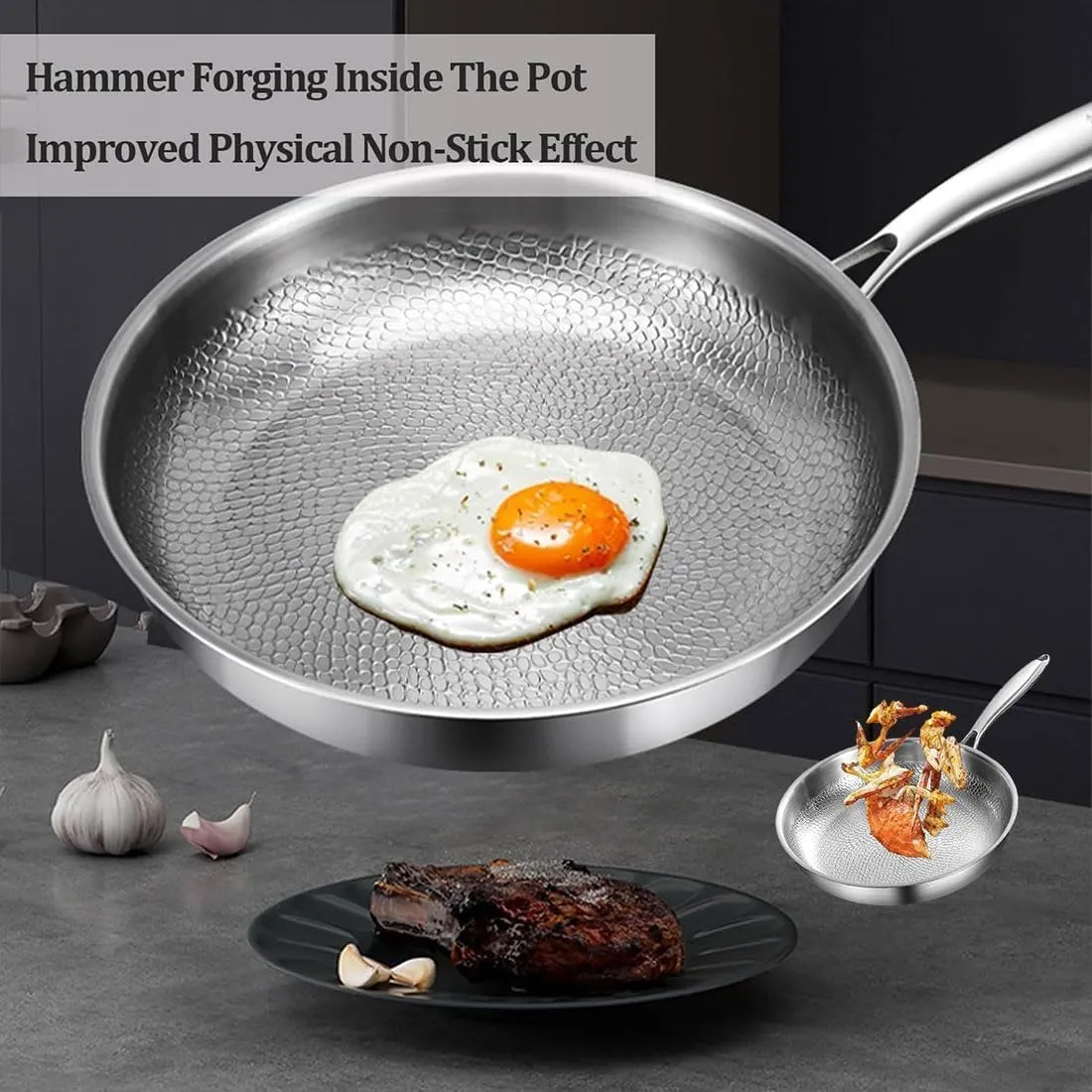 Titanium Hammered Pan Pro with Lid, Stainless Steel Hammered Pan Pro, Multifunctional Scratch-Resistant (10.23in)