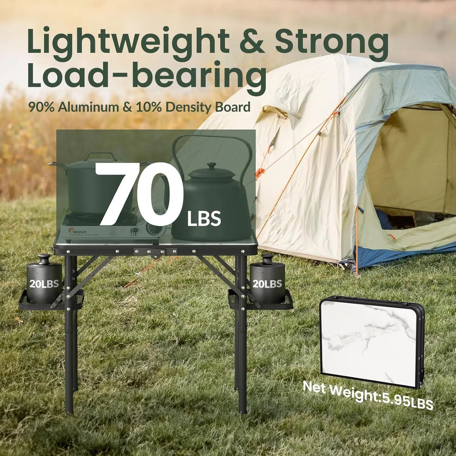Titanker Folding Camping Table Small 2ft, Small Camp Table Portable with 50% Extra Space, Folding Picnic Table, Portable Beach Tables, Car Camping Essentials, Aluminum Light & Solid