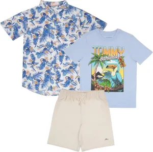 Tommy Bahama Boys Hawaiian Button Down Short-Sleeved Shirt, Graphic T-Shirt & Shorts Set, 3-Piece Summer Outfit for Kids