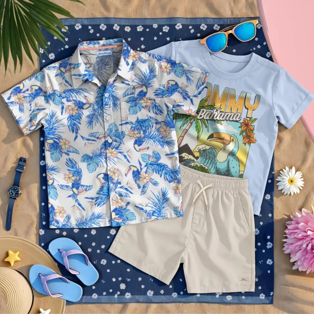 Tommy Bahama Boys Hawaiian Button Down Short-Sleeved Shirt, Graphic T-Shirt & Shorts Set, 3-Piece Summer Outfit for Kids