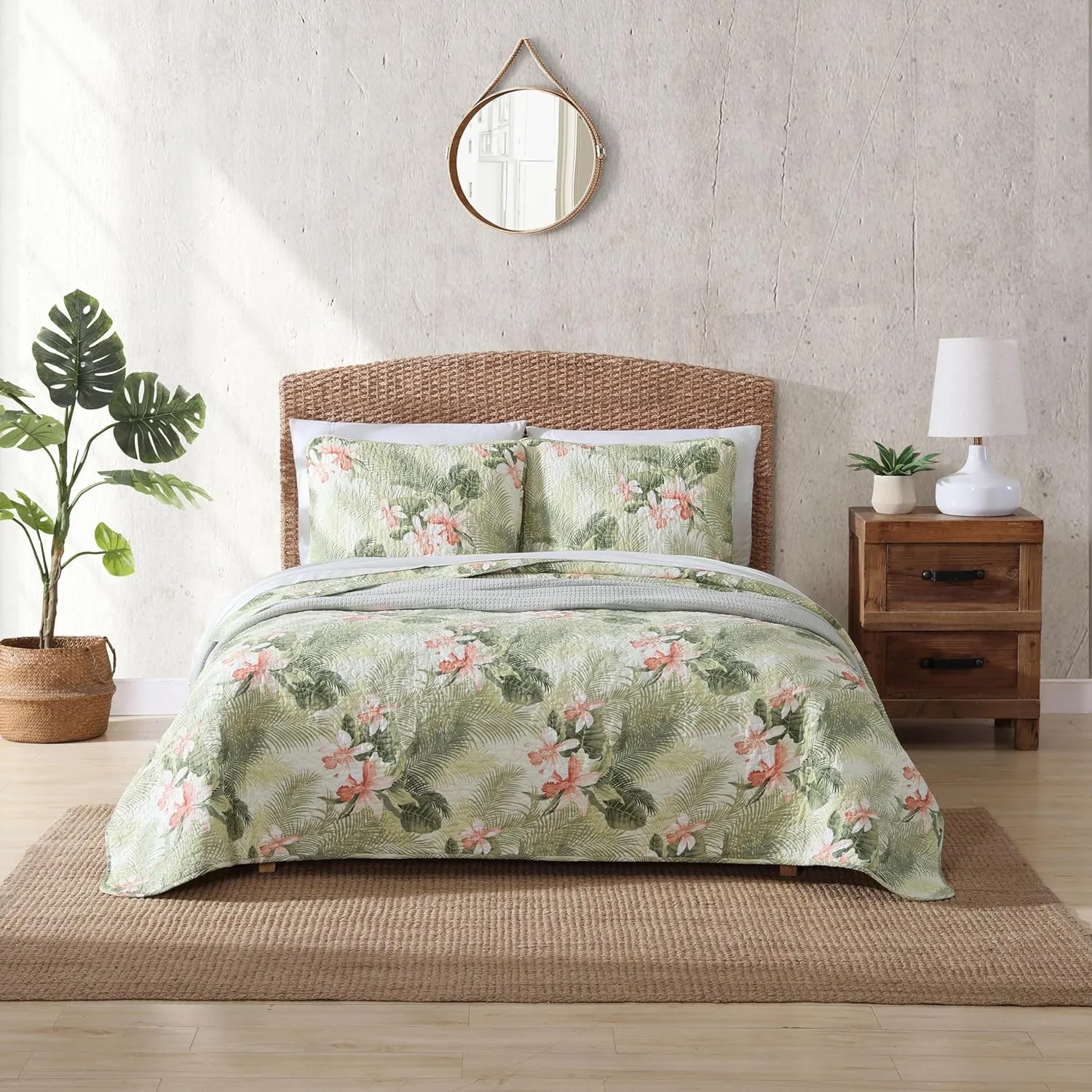 Tommy Bahama Topical Orchid Collection Quilt Set-100% Cotton, Reversible, Ideal for All Seasons, Pre-Washed for Added Softness, King, Green (Tropical Orchid Green, King)