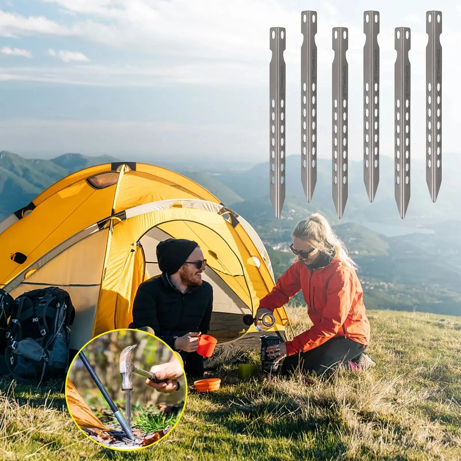 TOMSHOO Ultralight Titanium Tent Pegs – 4/6 Pack Windproof Camping Stakes