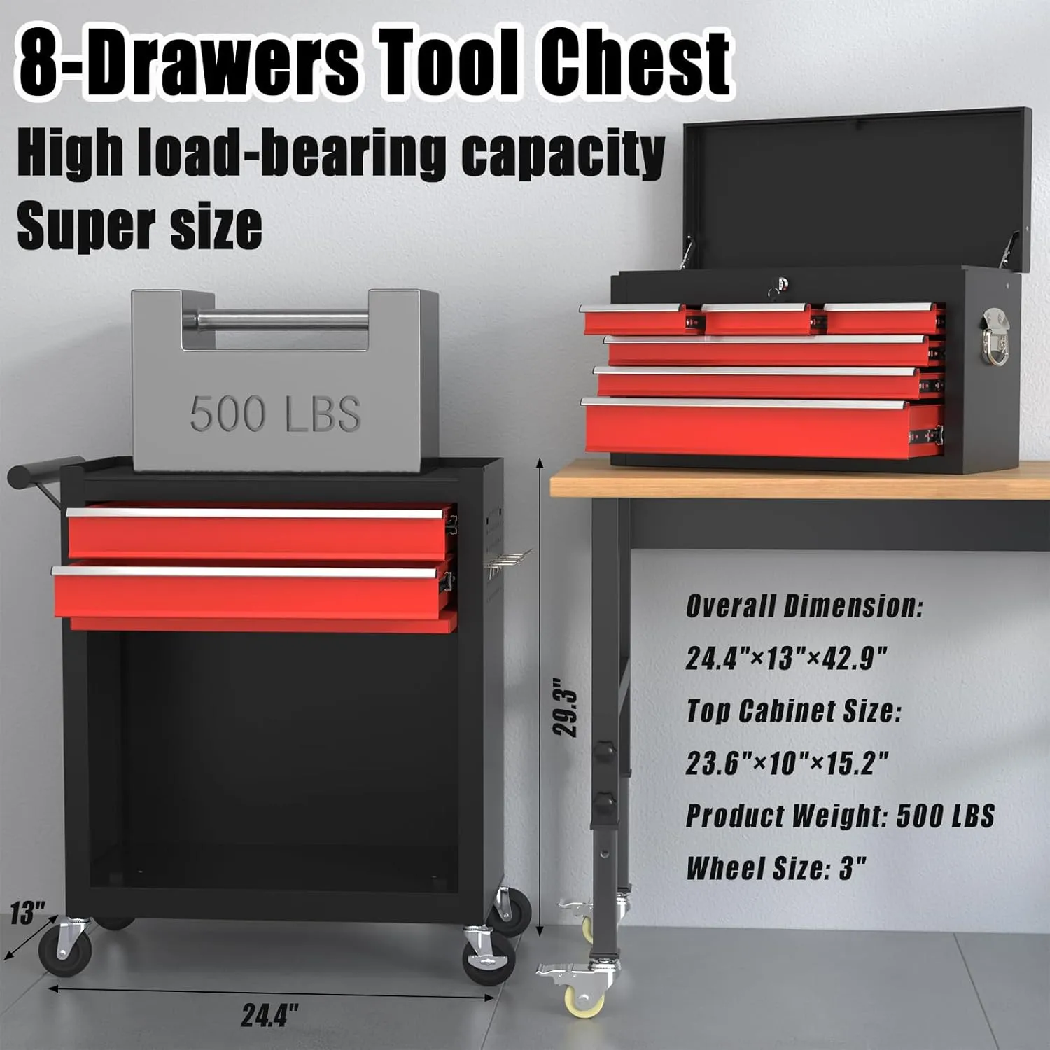 Tool Chest, 8-Drawer Rolling Storage Cabinet with 2 in 1 Detachable Top Tool Box, Lockable Wheels, Side Hooks, Metal Cart for Garage (RedBlack)