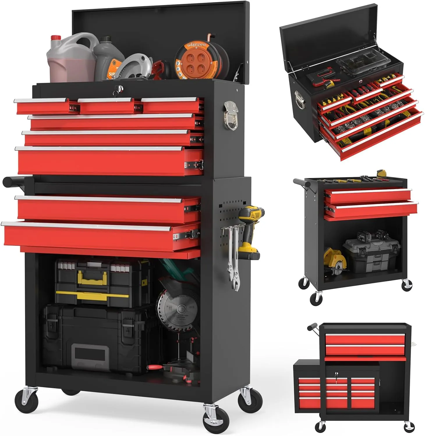 Tool Chest, 8-Drawer Rolling Storage Cabinet with 2 in 1 Detachable Top Tool Box, Lockable Wheels, Side Hooks, Metal Cart for Garage (RedBlack)