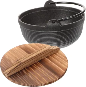 Toyvian Japanese Style Iron Cooking Pot with Wooden Lid Non Stick Camping Cookware for Outdoor Hot Pot Sukiyaki Ramen and Stews Durable Temperature Resistant Design