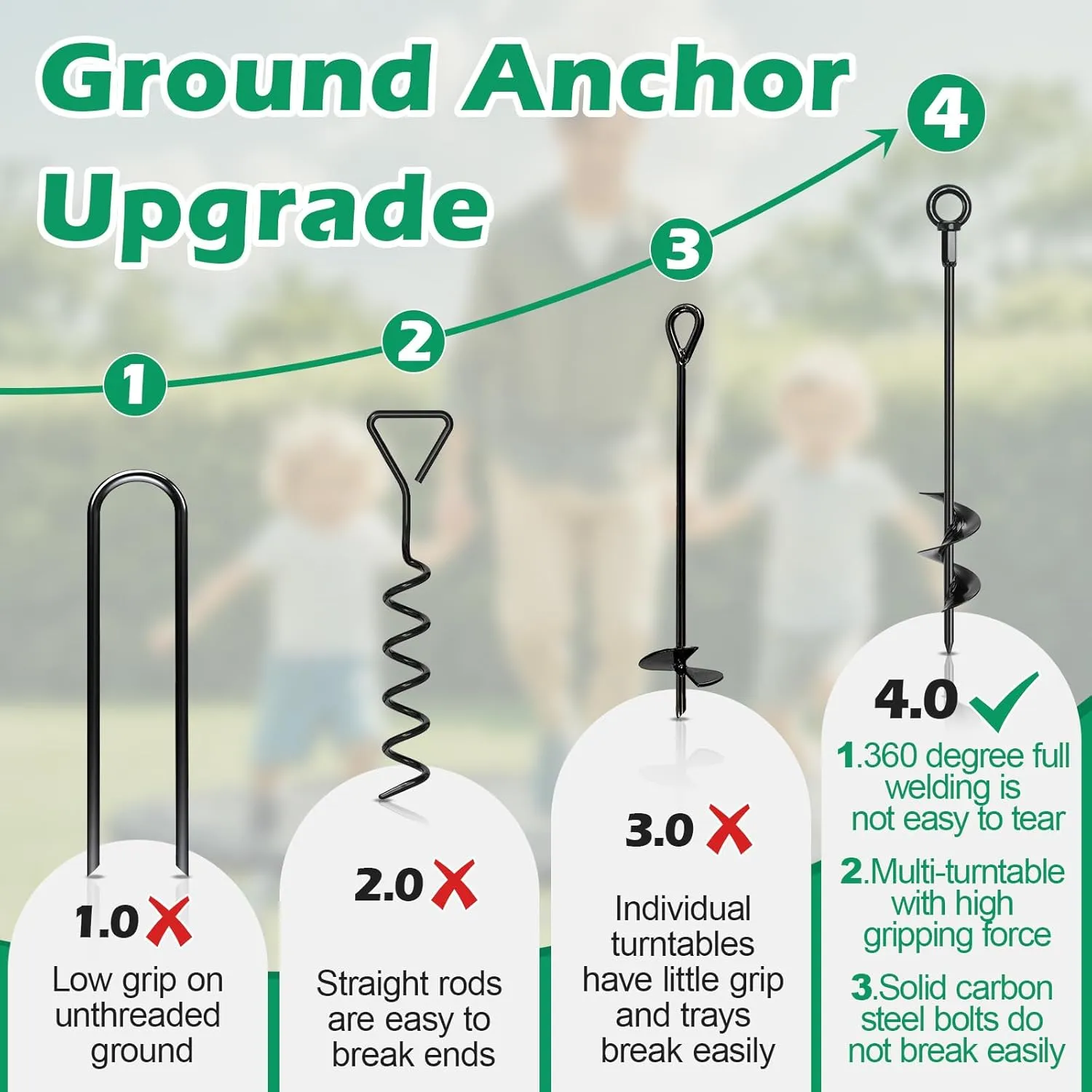 Trampoline Stakes, 18" Trampoline Anchors High Wind Heavy Duty Kit, Ground Anchors Screw in, Steel Anchor with Adjustable Tie Down Straps for Sheds Swing Set Canopy Tent RV Awning Dog Tie Outs Stakes