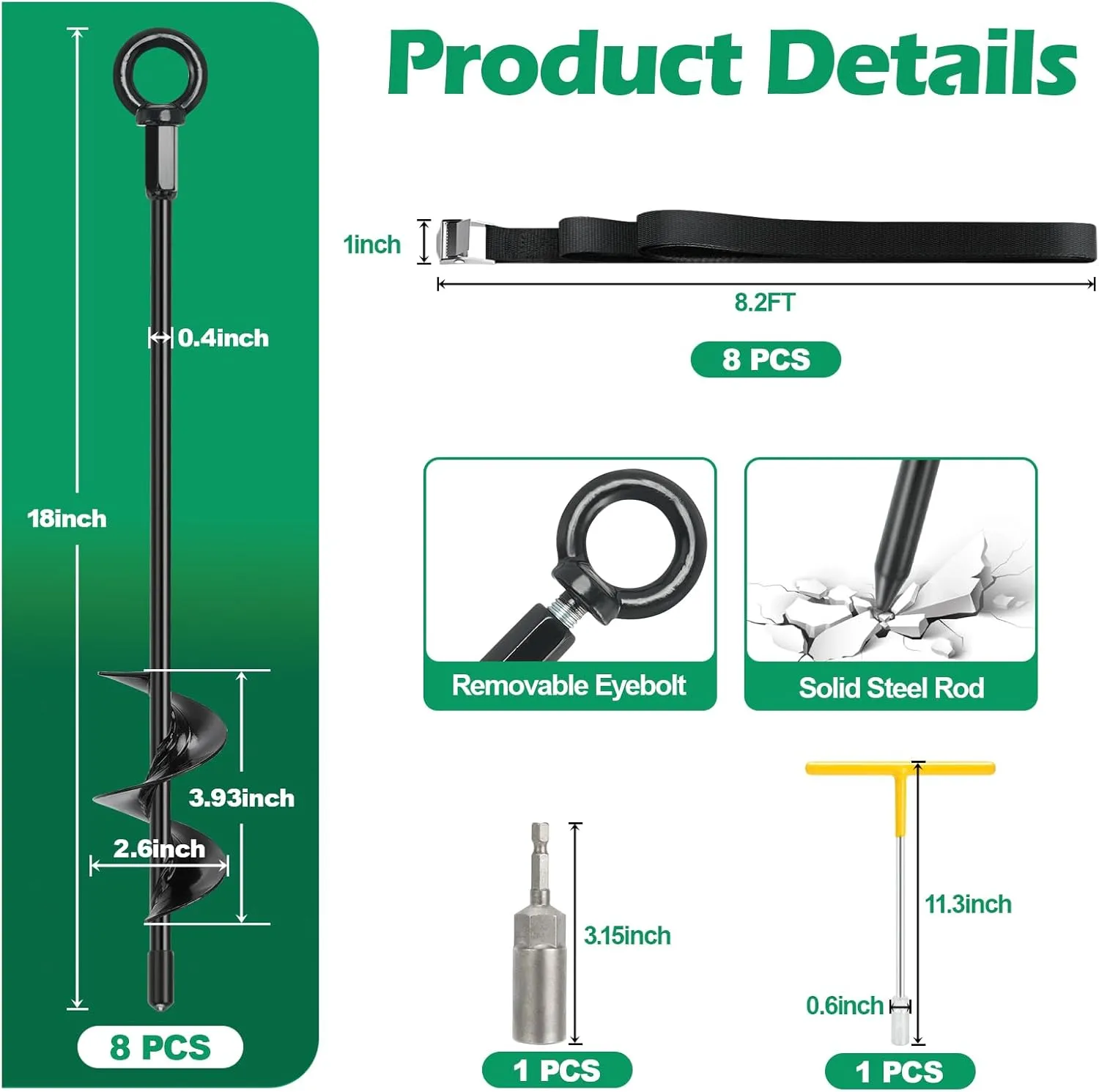Trampoline Stakes, 18" Trampoline Anchors High Wind Heavy Duty Kit, Ground Anchors Screw in, Steel Anchor with Adjustable Tie Down Straps for Sheds Swing Set Canopy Tent RV Awning Dog Tie Outs Stakes