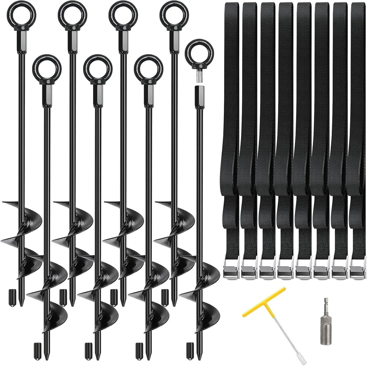 Trampoline Stakes, 18" Trampoline Anchors High Wind Heavy Duty Kit, Ground Anchors Screw in, Steel Anchor with Adjustable Tie Down Straps for Sheds Swing Set Canopy Tent RV Awning Dog Tie Outs Stakes