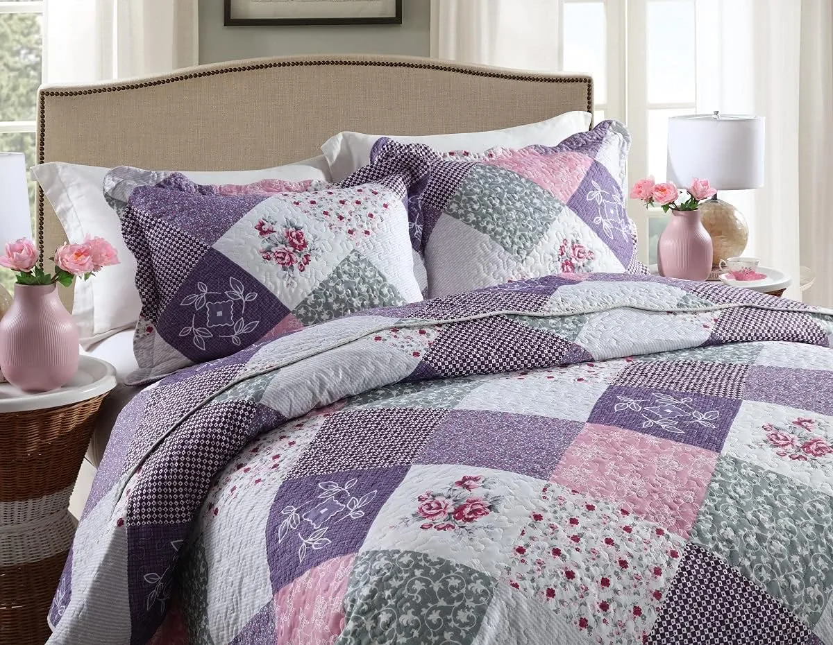 Travan Bedspread Quilt Set 3-Piece Lightweight Coverlet Set with Shams Reversible Quilted Bedding Set for All Season, Purple Floral, King Size